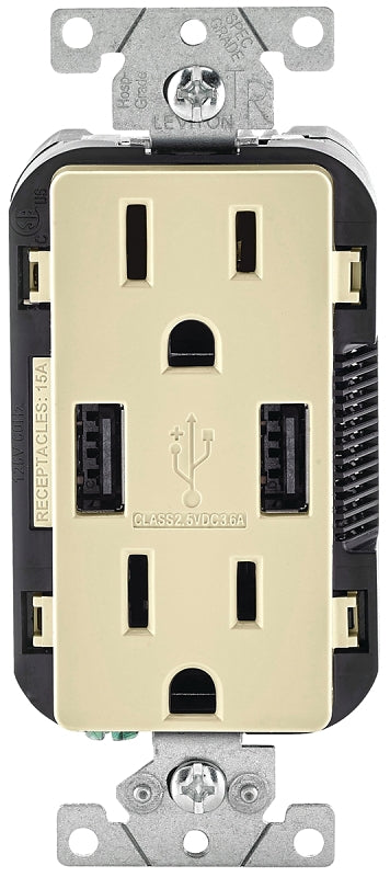Leviton R01-T5632-0BI Combination USB Receptacle, 2 -Pole, 3.1 A USB, 15 A Receptacle, 125 VAC Receptacle, 5 VDC USB