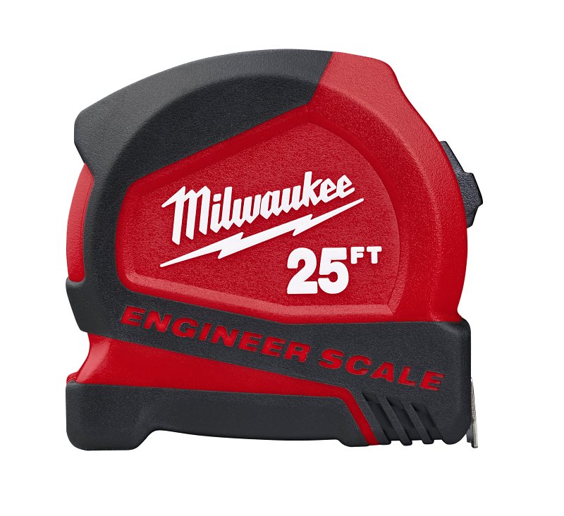 Milwaukee 48-22-6625E Tape Measure with Engineer Scale, 25 ft L Blade, 25 mm W Blade, Steel Blade, ABS/Rubber Case