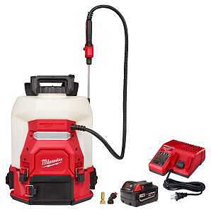 Milwaukee 3019-21PS Cordless Backpack Sprayer Kit, 4 gal, HDPE/Stainless Steel, Dual Cone Nozzle, 48 in L Hose