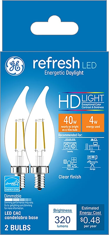 GE 31425 LED Bulb, General Purpose, 40 W Equivalent, E12 Lamp Base, Dimmable, Clear, Daylight Light, 5000 K Color Temp