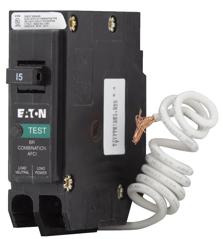 Eaton BRN115AF Circuit Breaker, Type BR, 15 A, 1-Pole, 120/240 V, Instantaneous, Long Time Trip, Pigtail