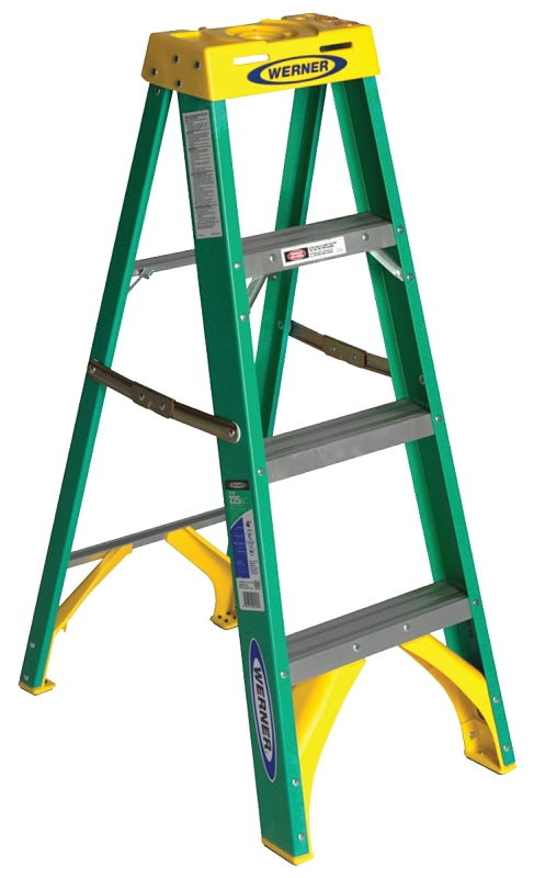 WERNER 5904 Step Ladder, 8 ft Max Reach H, 3-Step, 225 lb, Type II Duty Rating, 3 in D Step, Fiberglass, Yellow