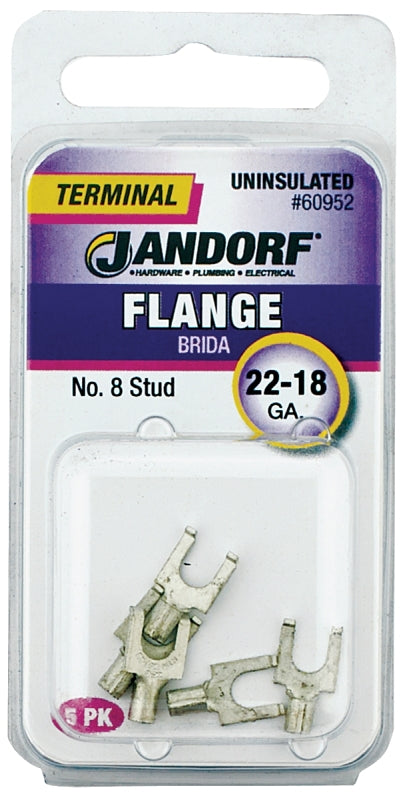 Jandorf 60952 Spade Terminal, 22 to 18 AWG Wire, #8 Stud, Copper Contact