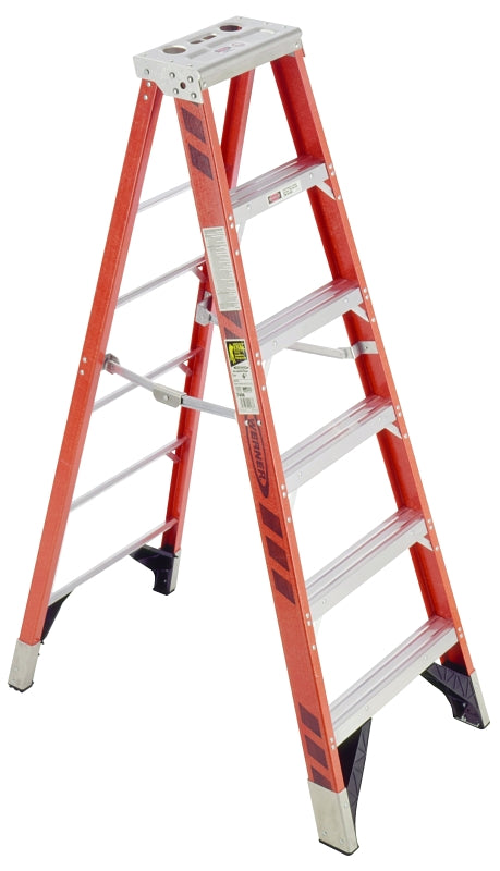 WERNER 7406 Step Ladder, 10 ft Max Reach H, 7-Step, 375 lb, Type IAA Duty Rating, 3 in D Step, Aluminum/Fiberglass
