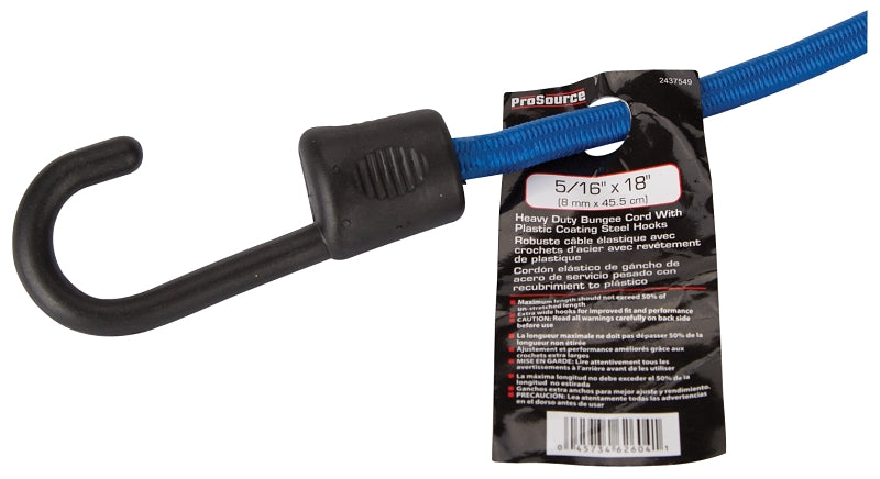 ProSource FH64081 Stretch Cord, 8 mm Dia, 18 in L, Polypropylene, Blue, Hook End