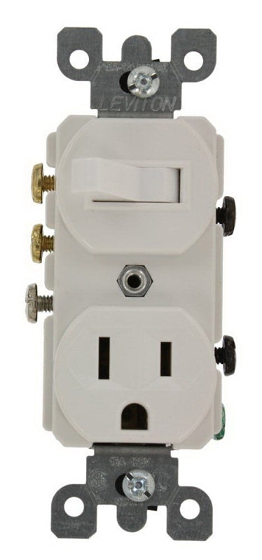Leviton 032-05245-00W Combination Switch/Receptacle, 1 -Pole, 15 A, 120 V Switch, 125 V Receptacle, White