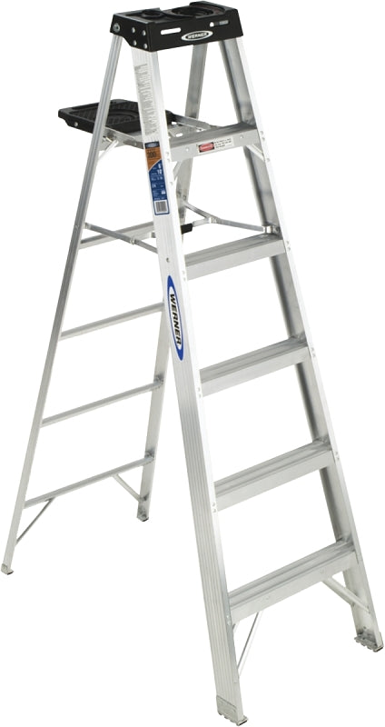 WERNER 376 Step Ladder, 6 ft Max Reach H, 5-Step, 300 lb, Type IA Duty Rating, 3 in D Step, Aluminum, Black