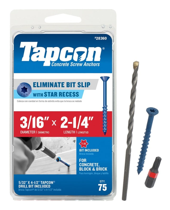 Buildex Tapcon 28360 Concrete Screw Anchor, 3/16 in Dia, 2-1/4 in L, Steel, Climaseal, 75/PK