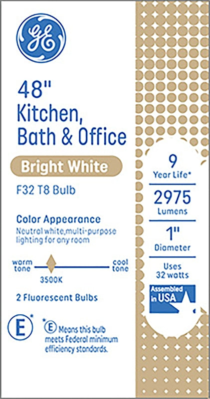 GE 66837 Light Bulb, 32 W, T8 Lamp, G13 Medium Bi-Pin Lamp Base, 2975 Lumens, 3500 K Color Temp