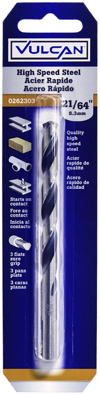 Vulcan Jobber Drill Bit, 21/64 in Dia, 4-5/8 in OAL, 3-Flat Shank