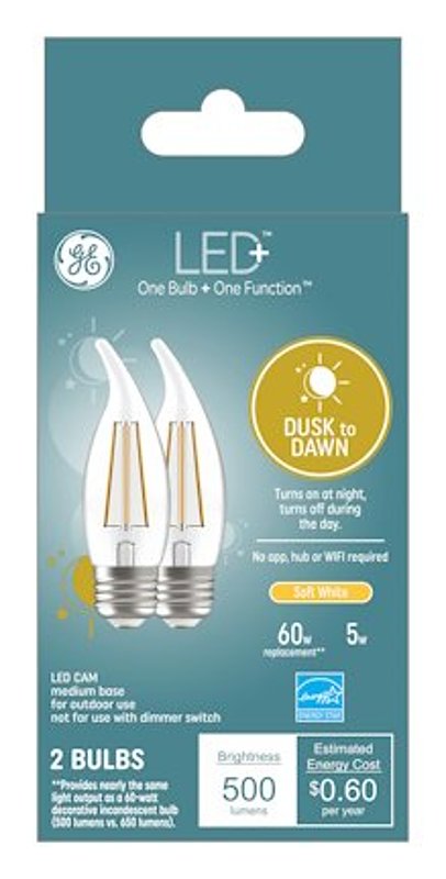GE LED+ 93121493 Dusk To Dawn Light Bulb, CAM Lamp, 60 W Equivalent, Medium (E26) Lamp Base, Dimmable, Clear, 2/PK