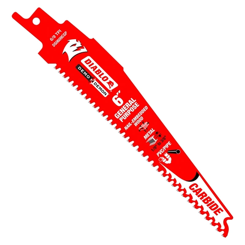 Diablo Demo Demon DS0609CGP10 Reciprocating Saw Blade, 1 in W, 6 in L, 6, 9 TPI, Carbide Cutting Edge