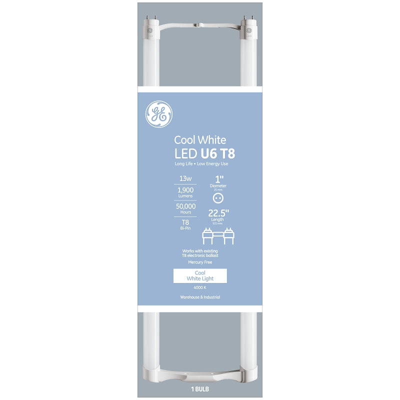 GE 93095867 LED Tube Light Bulb, Specialty, T8 Lamp, Bi-Pin Lamp Base, Clear, Cool White Light, 4000 K Color Temp