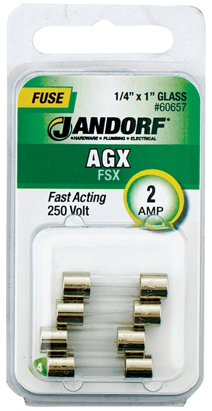 Jandorf 60657 Fast Acting Fuse, 2 A, 250 V, 100 A, 10 kA Interrupt, Glass Body
