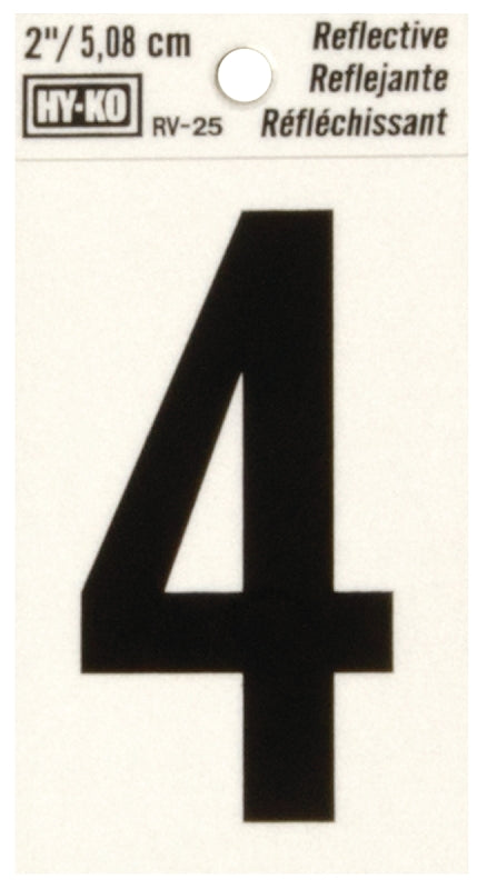 Hy-Ko RV-25/4 Reflective Sign, Character: 4, 2 in H Character, Black Character, Silver Background, Vinyl