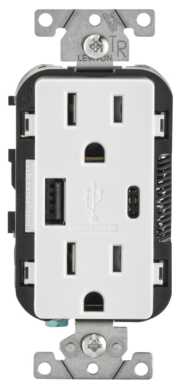Leviton R02-T5633-0BW Receptacle/Outlet, 15 A, 125 V, 2 -USB Port, Type A, C USB, NEMA: NEMA 5-15R, White