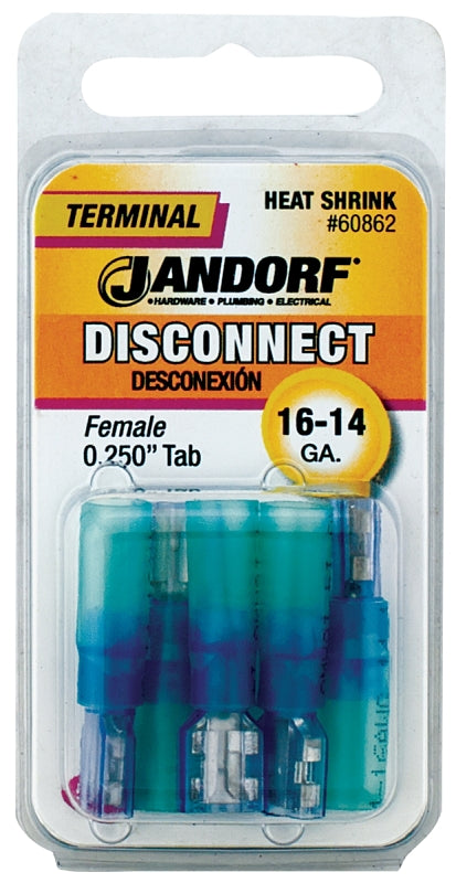 Jandorf 60862 Disconnect Terminal, 16 to 14 AWG Wire, Copper Contact, Blue, 5/PK