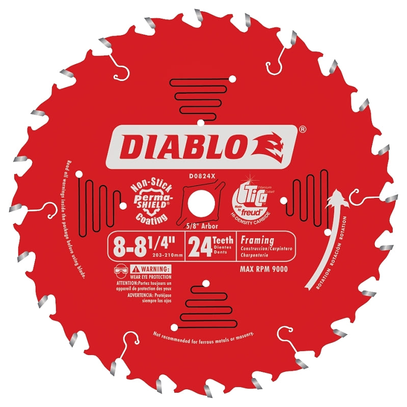Diablo D0824X Circular Saw Blade, 8 to 8-1/4 in Dia, 5/8 in Arbor, 24-Teeth, Carbide Cutting Edge