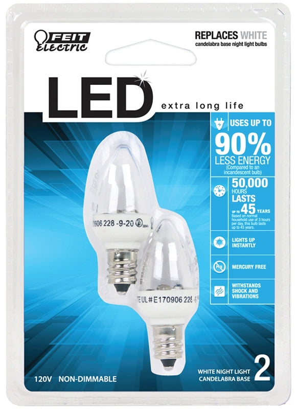 Feit Electric BPC7/LED LED Lamp, Decorative, C7 Lamp, E12 Lamp Base, Clear, White Light, 3500 K Color Temp