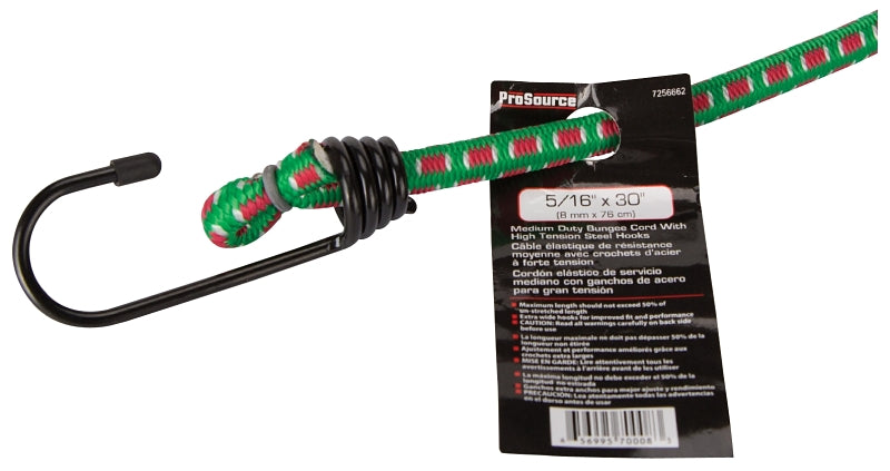 ProSource Stretch Cord, 8 mm Dia, 30 in L, Polypropylene, Green, Hook End
