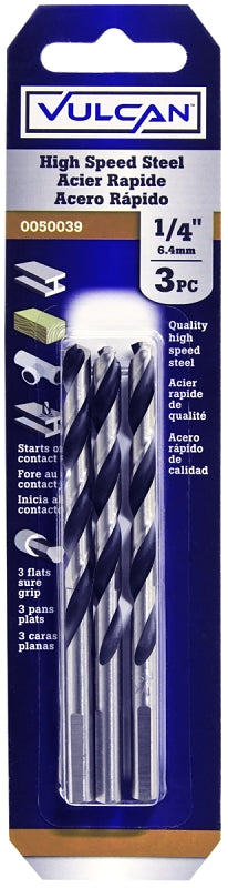 Vulcan Jobber Drill Bit, 1/4 in Dia, 4 in OAL, 3-Flat Shank