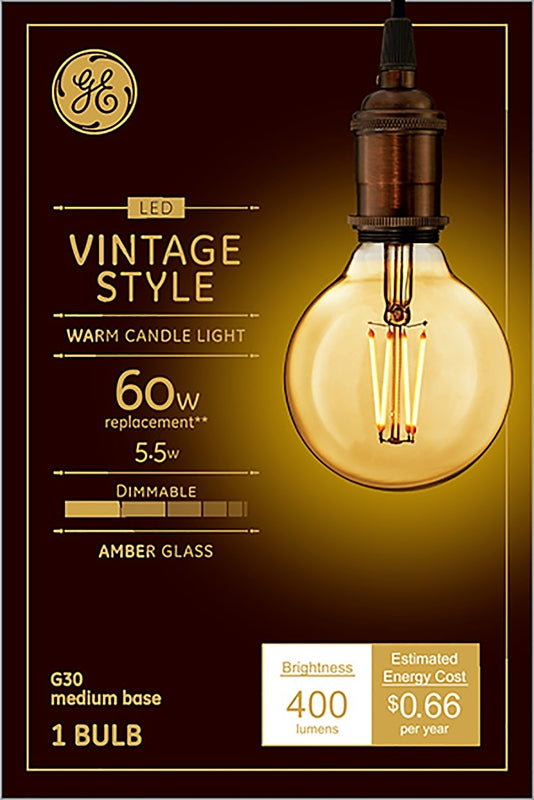 GE 42183 Light Bulb, Vintage, G30 Lamp, 60 W Equivalent, Medium (E26) Lamp Base, Dimmable, Amber, Warm White Light