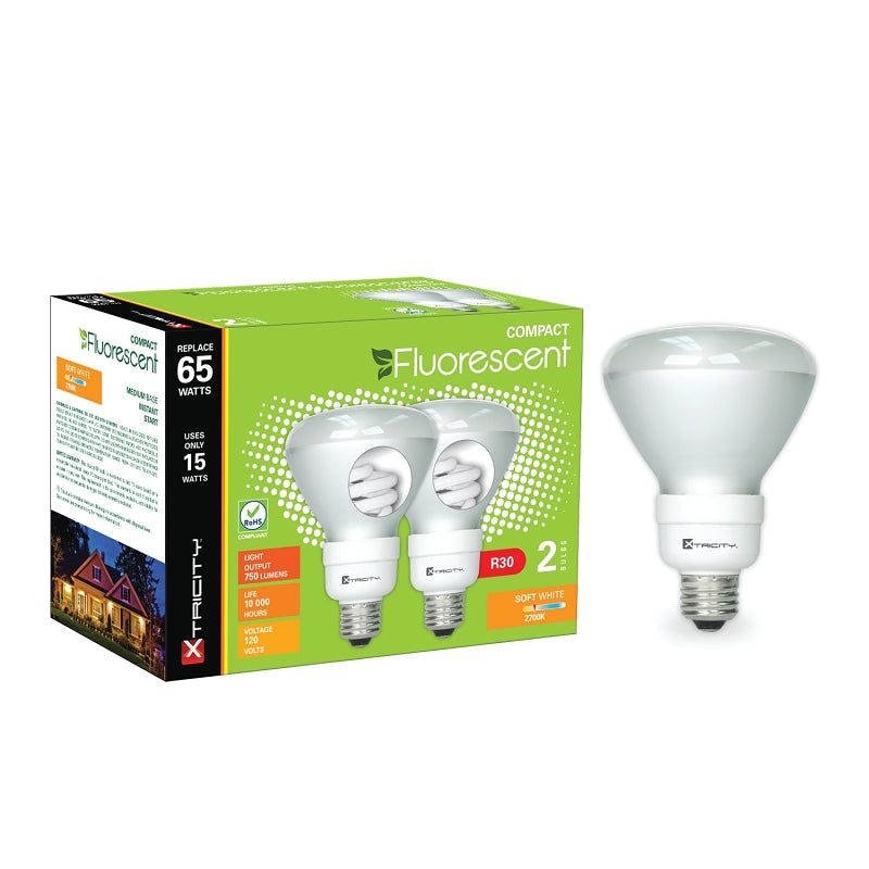 Xtricity 1-60722 Compact Fluorescent Bulb, 15 W, R30 Lamp, Medium Lamp Base, 750 Lumens, 2700 K Color Temp