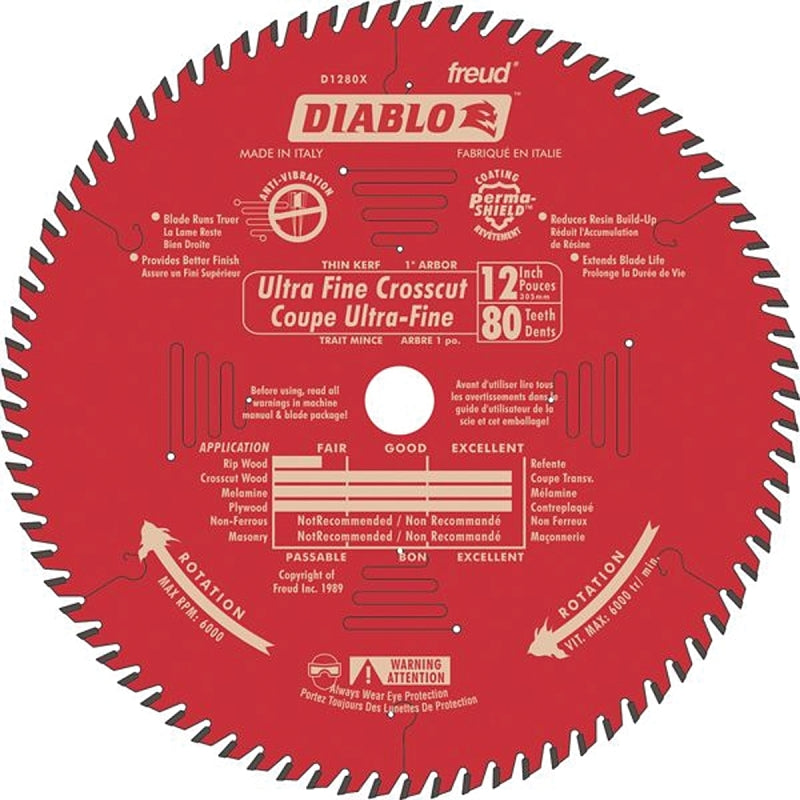 Diablo D1280X Circular Saw Blade, 12 in Dia, 1 in Arbor, 80-Teeth, Carbide Cutting Edge
