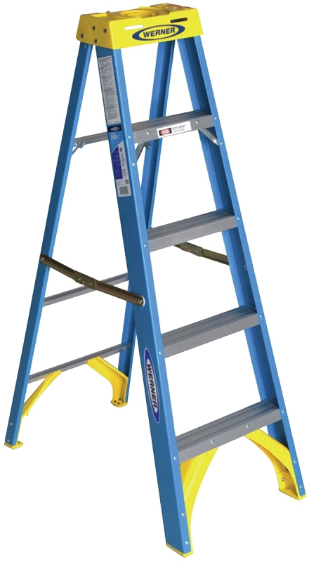 WERNER 6005 Step Ladder, 9 ft Max Reach H, 4-Step, 250 lb, Type I Duty Rating, 3 in D Step, Fiberglass, Blue