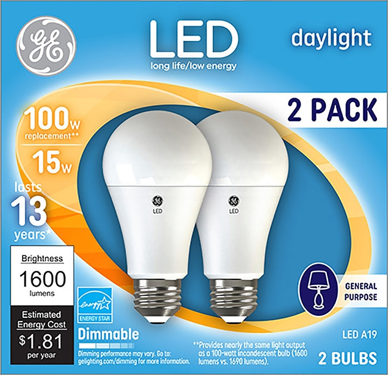 GE 93127672 Light Bulb, A19 Lamp, 100 W Equivalent, Medium Lamp Base, Dimmable, Daylight, 5000 K Color Temp