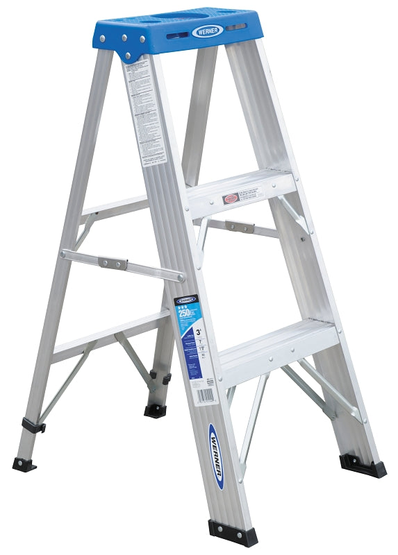 WERNER 363 Step Ladder, 7 ft Max Reach H, 250 lb, Type I Duty Rating, 3 in D Step, Aluminum, Blue