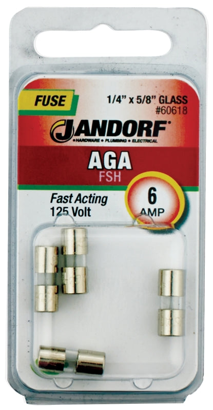 Jandorf 60618 Fast Acting Fuse, 6 A, 125 V, 1 kA Interrupt, Glass Body