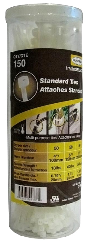 Tradeselect CTB150 Cable Tie Canister, 0.79, 1.3, 1.85 in Max Bundle Dia, Nylon, Black/Natural/Yellow