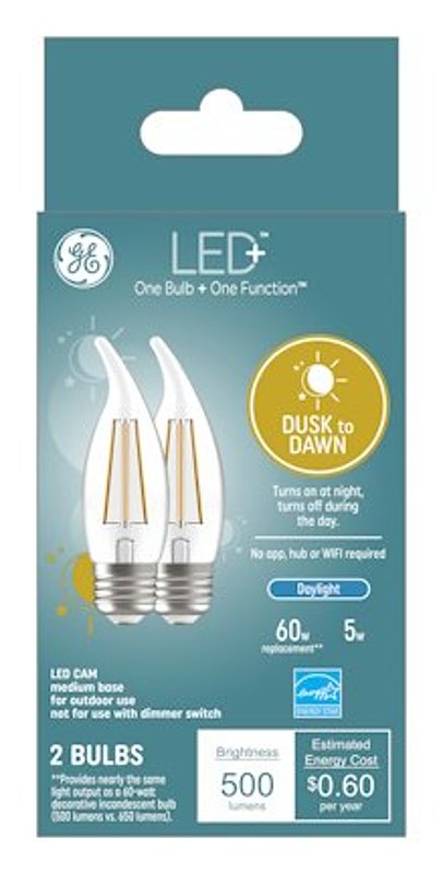 GE LED+ 93121494 Dusk To Dawn Light Bulb, CAM Lamp, 60 W Equivalent, Medium (E26) Lamp Base, Dimmable, Clear, 2/PK