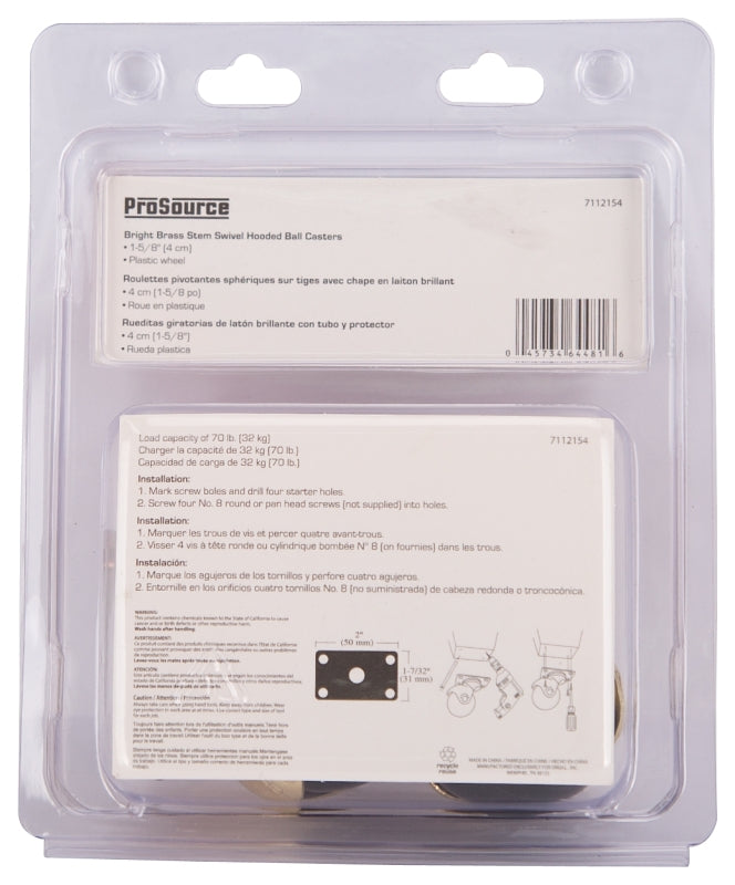 ProSource JC-E01-PS Ball Caster, 1-5/8 in Dia Wheel, 1-5/8 in W Wheel, PP Wheel, Black, 70 lb, Steel Housing Material