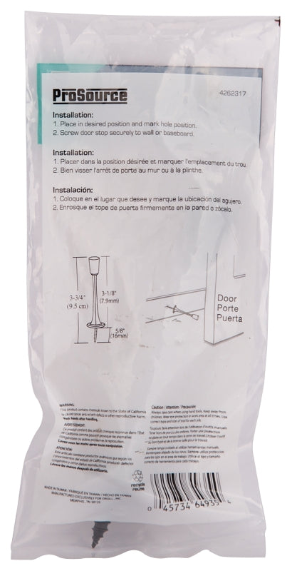 Prosource H20-Z029-PS Heavy-Duty Rigid Door Stop, 3-1/8 in Dia Base, 3-1/8 in Projection, Die-Cast Zinc & Plastic