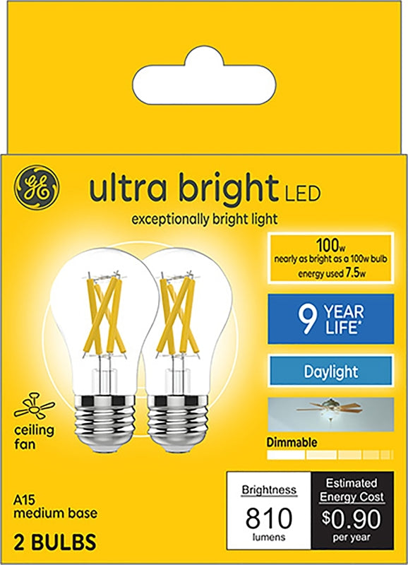GE Ultra Bright 93121710 Light Bulb, A15 Lamp, 100 W Equivalent, Medium (E26) Lamp Base, Dimmable, Clear, Daylight