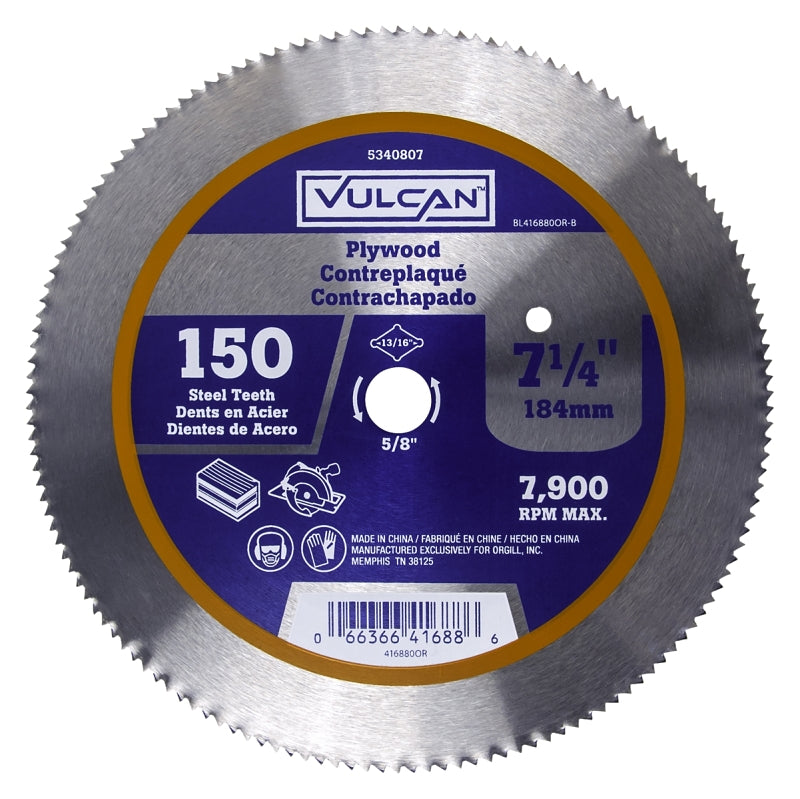 Vulcan 416880OR Circular Saw Blade, Steel, Bulk, 150T x 7-1/4 in, 7-1/4 in Dia, 5/8 in, 13/16 in Arbor, 150 -Teeth