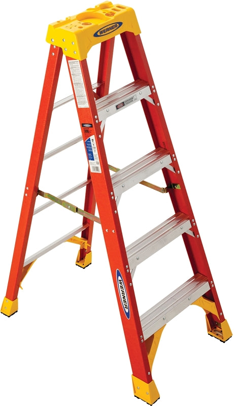 WERNER 6205 Step Ladder, 9 ft Max Reach H, 4-Step, 300 lb, Type IA Duty Rating, 3 in D Step, Fiberglass, Yellow