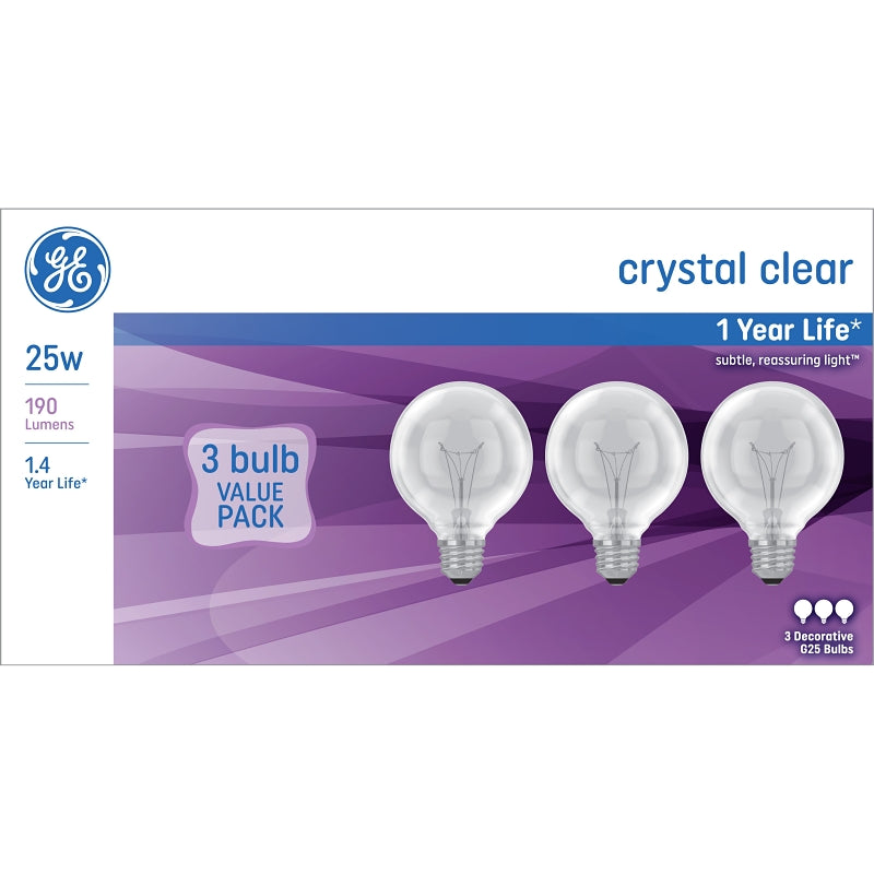 GE 48063 Light Bulb, 25 W, G25 Lamp, E26 Medium Lamp Base, 190 Lumens, 2500 K Color Temp, Soft White Light