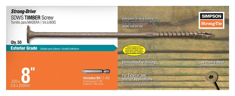 Simpson Strong-Tie Strong-Drive SDWS SDWS22800DB-R50 Timber Screw, 8 in L, Serrated Thread, Washer Head, Steel