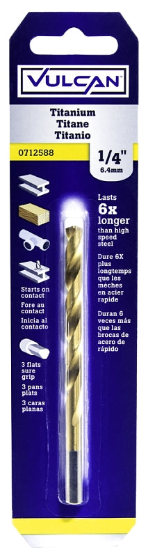 Vulcan Jobber Drill Bit, 1/4 in Dia, 4 in OAL, 3-Flat Shank