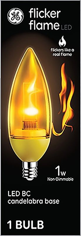 GE 93129282 Flicker Flame Light Bulb, Decorative, BC Lamp, 1 W Equivalent, Candelabra (E12) Lamp Base, Non-Dimmable