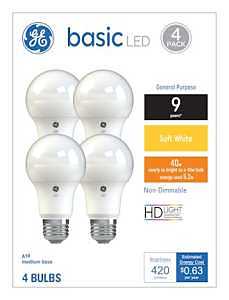 GE Industrial Solutions 36990 LED Bulb, General Purpose, A19 Lamp, 40 W Equivalent, E26 Lamp Base, Soft White Light