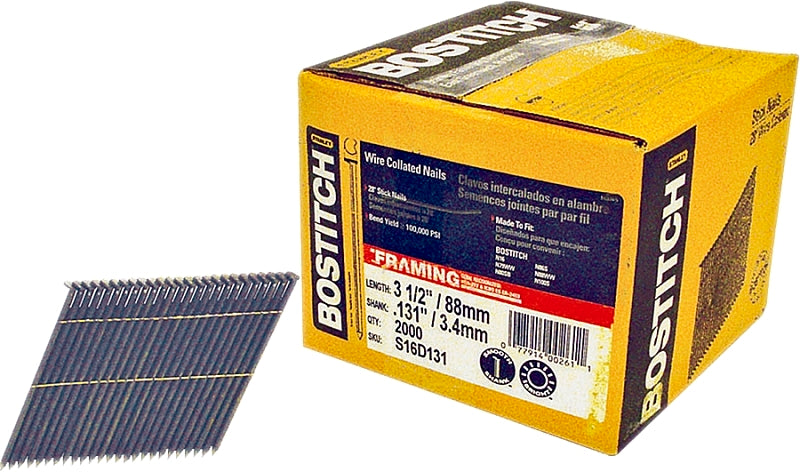 Bostitch S16D131-FH Framing Nail, 3-1/2 in L, 11 Gauge, Steel, Full Round Head, Smooth Shank, 2000/PK