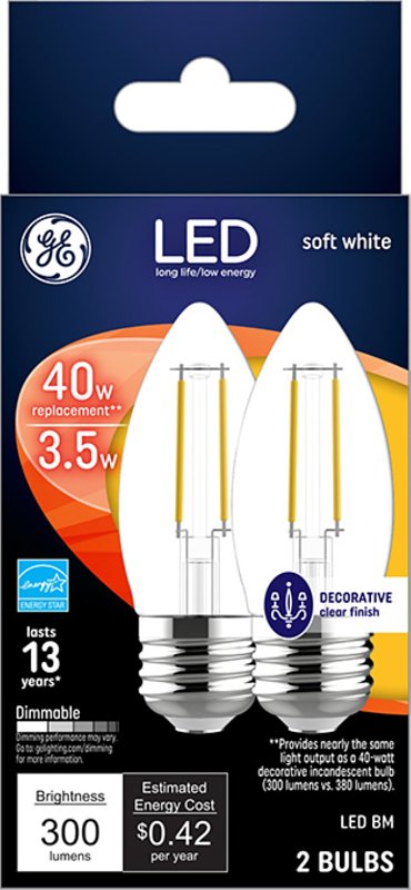 GE 23179 LED Bulb, Decorative, BM Lamp, 40 W Equivalent, E26 Lamp Base, Dimmable, Soft White Light, 2700 K Color Temp