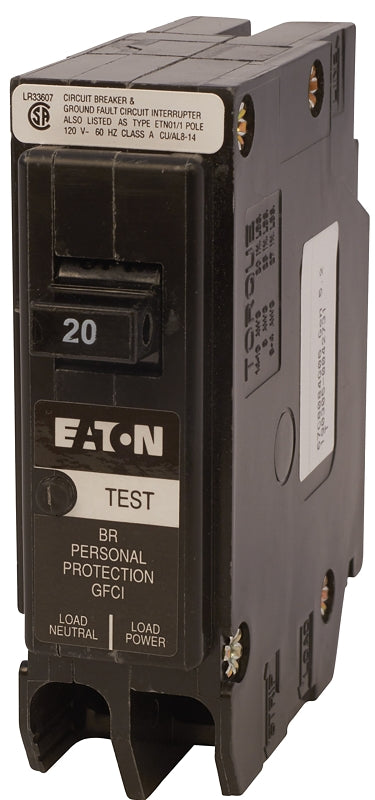 Eaton BRP120GFC Circuit Breaker, GFCI, Type BR, 20 A, 1-Pole, 120 VAC, Center, Long Time, Instantaneous Trip