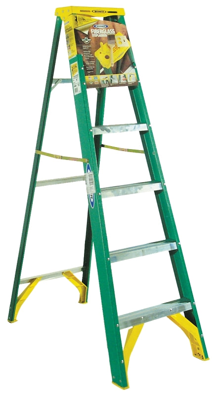 WERNER 5906 Step Ladder, 10 ft Max Reach H, 5-Step, 225 lb, Type II Duty Rating, 3 in D Step, Fiberglass, Green