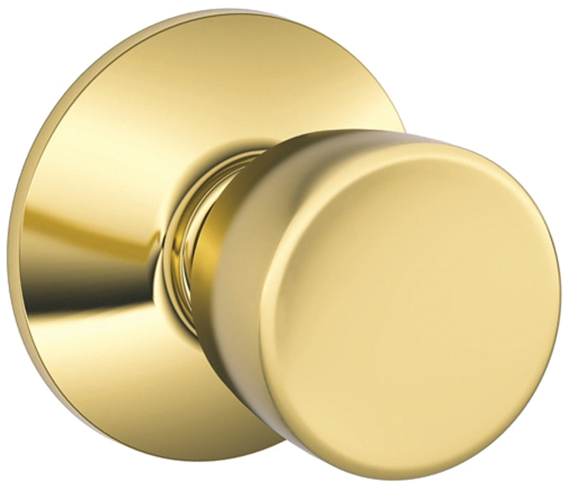 Schlage F10 BEL 605 Passage Knob, Metal, Bright Brass, 2-3/8, 2-3/4 in Backset, 1-3/8 to 1-3/4 in Thick Door