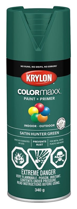Krylon COLORmaxx K05563007 Spray Paint, Satin, Hunter Green, 12 oz, Aerosol Can